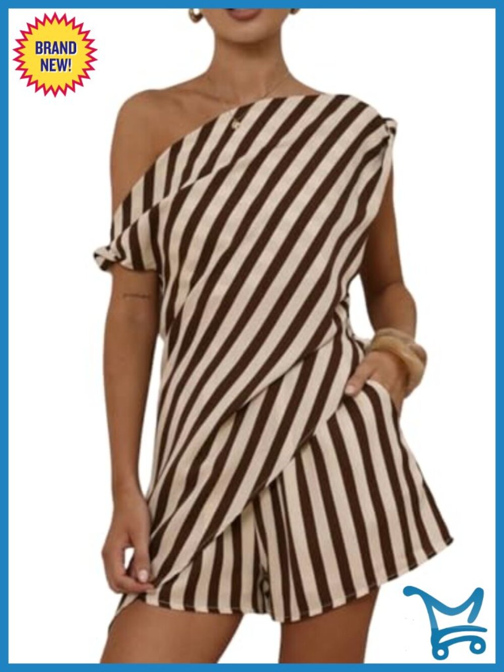 NIFTRIRY Women 2 Piece Set One Shoulder Top High Waist Wide Leg Shorts Polyester